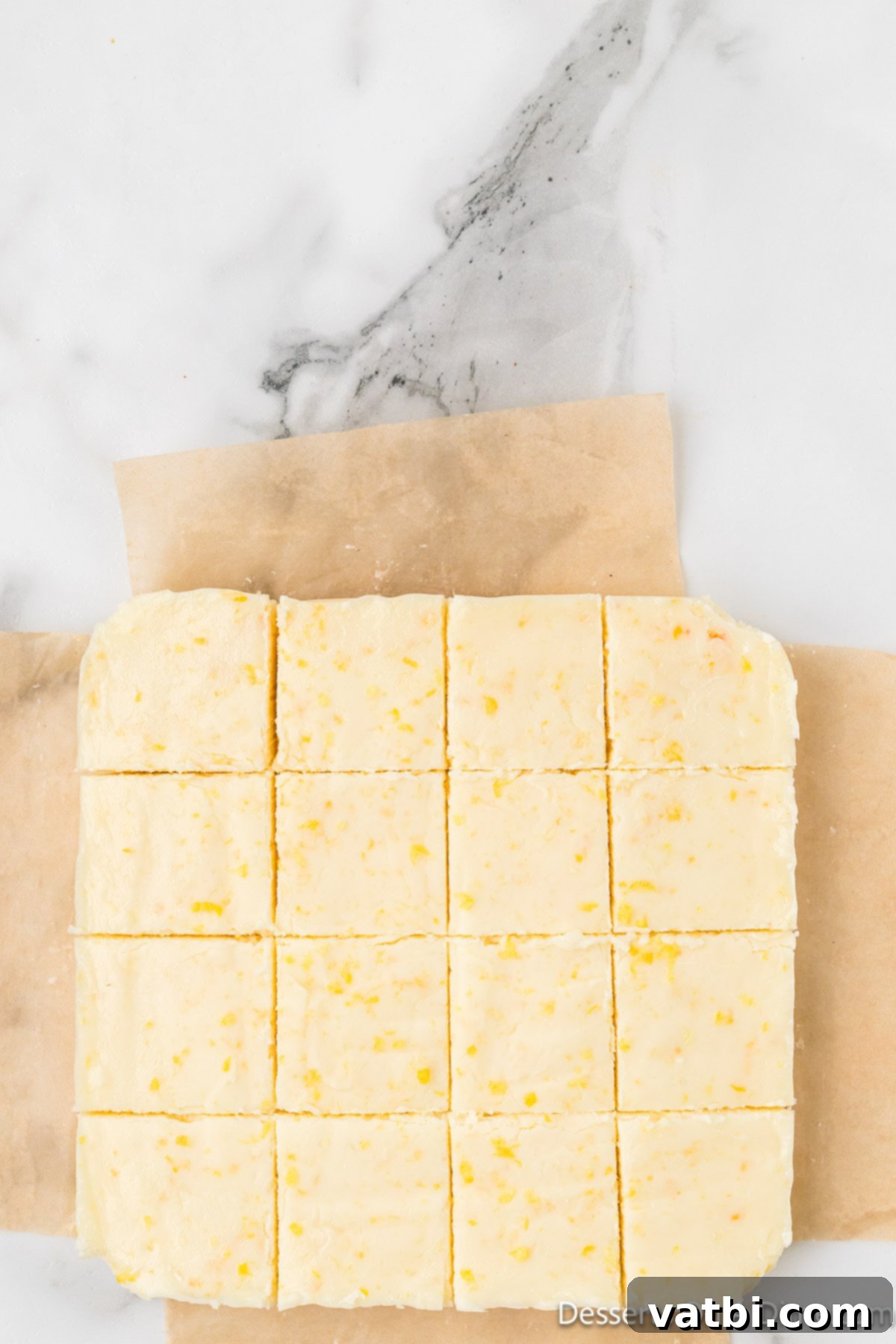 Lemon fudge cut into perfect squares, ready to be served. 