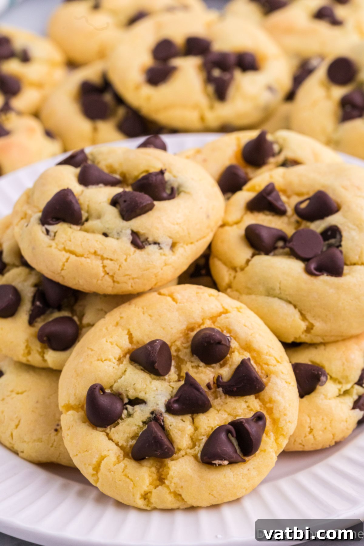 Perfect Chocolate Chip Cake Mix Cookies 2 A plate of freshly baked, soft and chewy Chocolate Chip Cake Mix Cookies, perfectly golden and ready to be enjoyed.