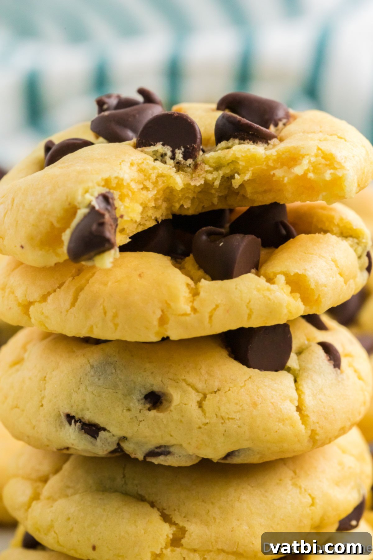 Perfect Chocolate Chip Cake Mix Cookies 8 A delicious stack of perfectly baked Chocolate Chip Cake Mix Cookies, showcasing their golden edges and soft, appealing centers.