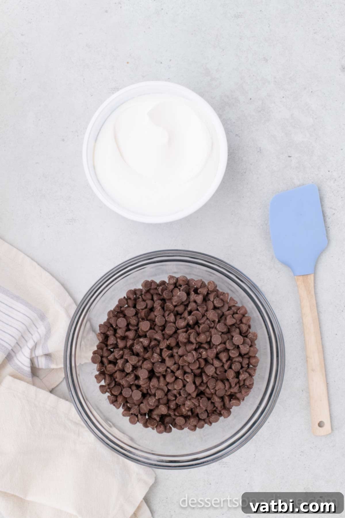 Chocolate chips in a bowl ready to be melted in the microwave.