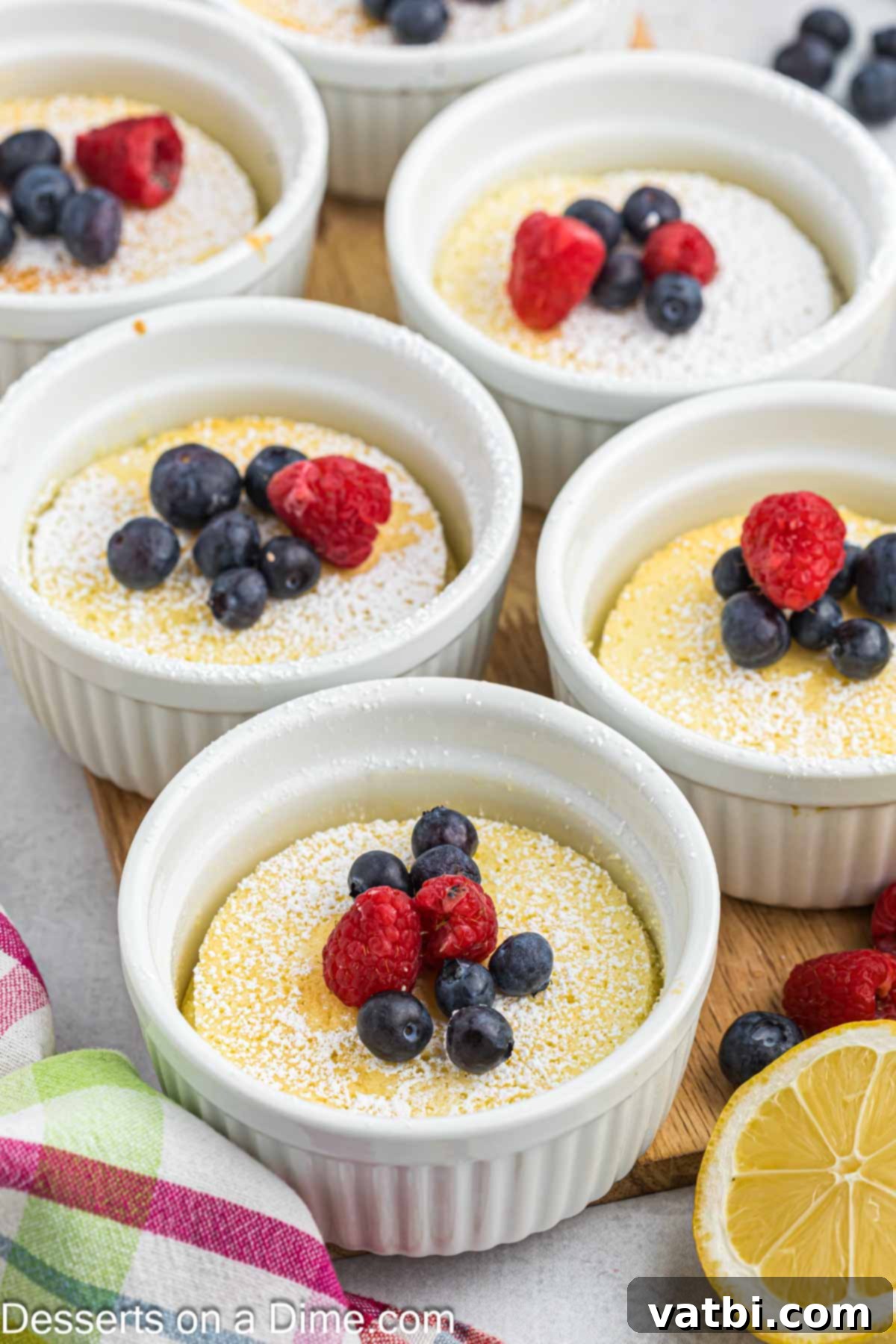 Zesty Lemon Pudding Cake 2 Individual lemon pudding cake in a ramekin, dusted with powdered sugar and garnished with a fresh raspberry, on a white plate.