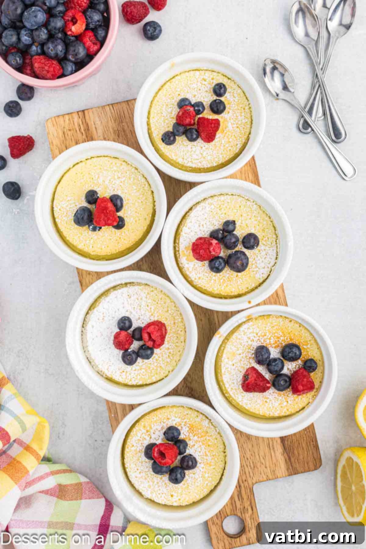 Zesty Lemon Pudding Cake 11 Lemon pudding cake garnished with fresh berries and a sprig of mint.