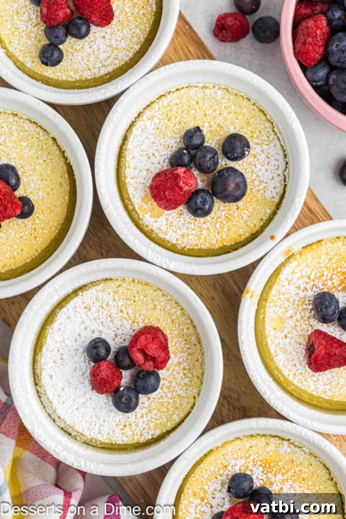 Zesty Lemon Pudding Cake 12 Two individual lemon pudding cakes in ramekins, one topped with powdered sugar and the other with berries.
