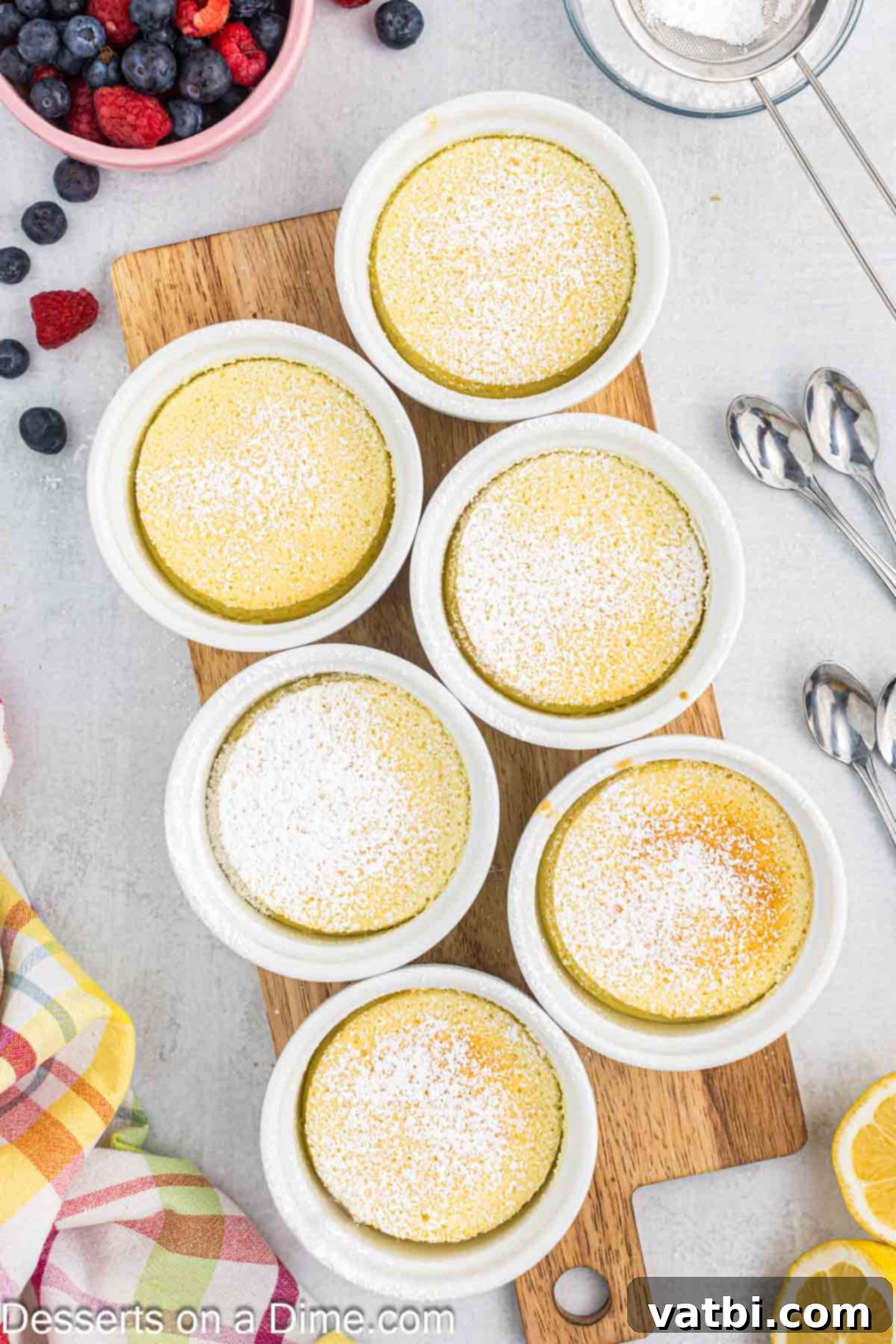 Zesty Lemon Pudding Cake 10 A single lemon pudding cake in a ramekin, lightly dusted with powdered sugar.