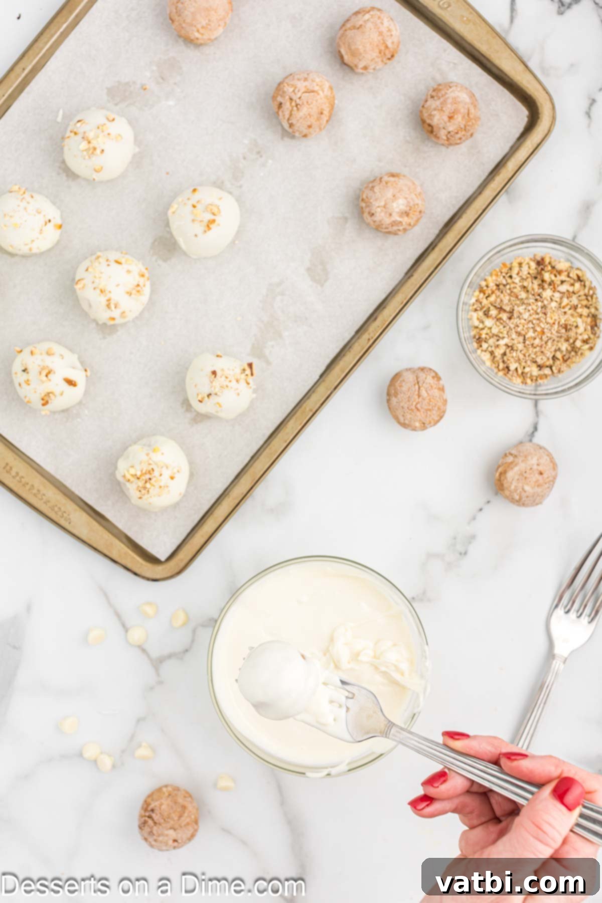 Spiced Carrot Cake Bites 8 Smooth, melted white chocolate with coconut oil in a small bowl, perfectly tempered for dipping.