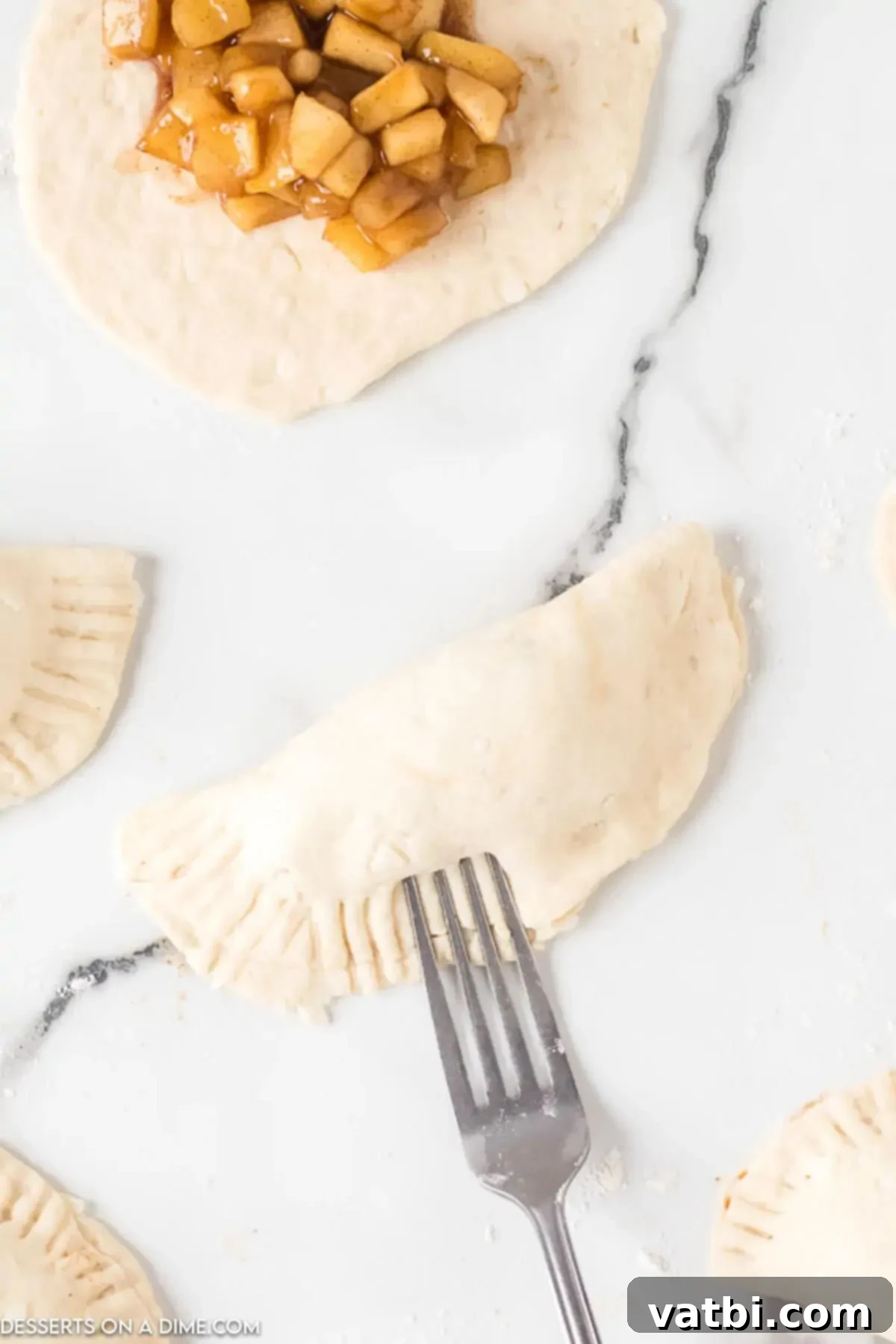 Golden Fried Apple Pockets 7 Biscuits folded together and sealed with a fork around the edges.