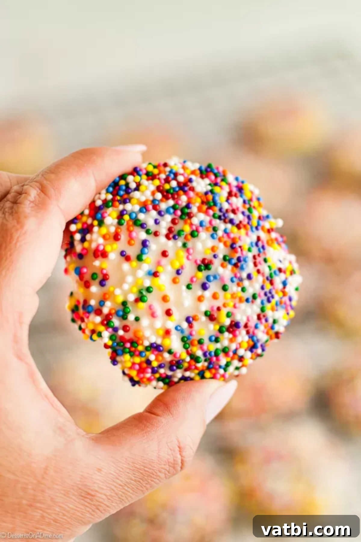 This Italian cookies recipe is buttery and delicious with an amazing glaze that just brings it all together. The sprinkles make the cookies extra festive. Hand holding an Italian Cookie.