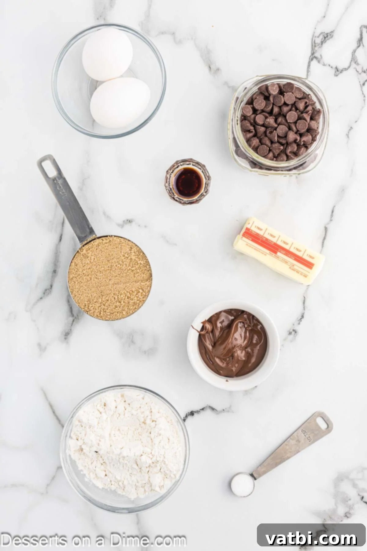 Fudgy Nutella Brownies 3 Key ingredients for fudgy Nutella Brownies: softened unsalted butter, packed brown sugar, room temperature large eggs, pure vanilla extract, Nutella (divided), all-purpose flour, salt, and semi-sweet chocolate chips.