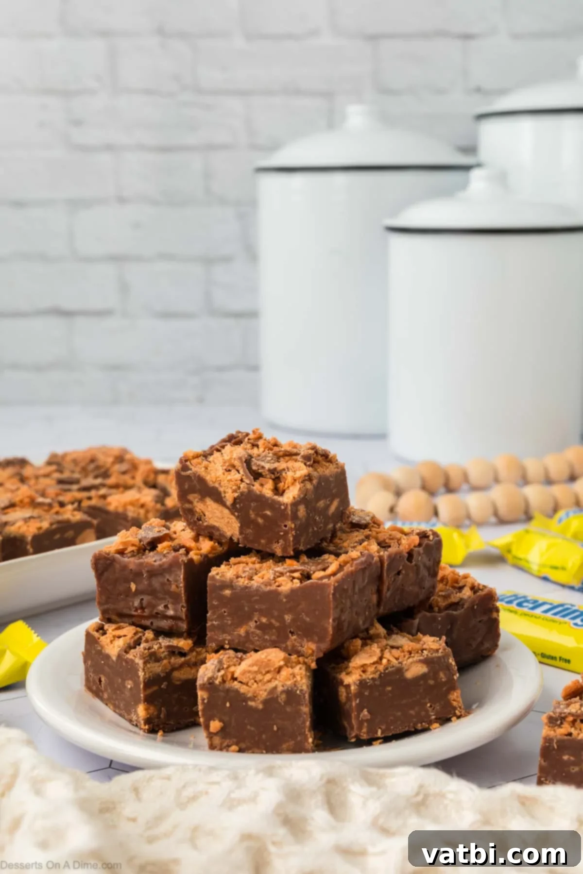 Butterfinger fudge on a platter. 