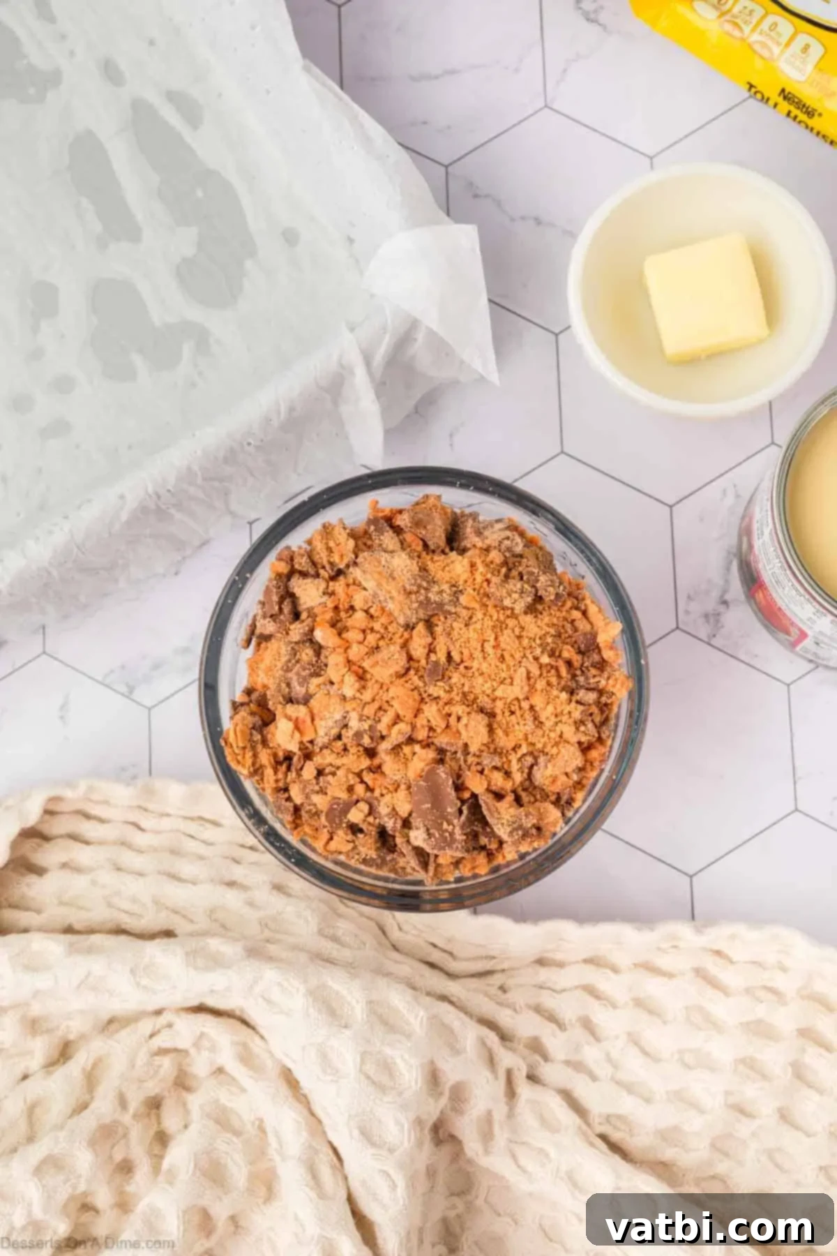 Crushed Butterfinger in a bowl. 