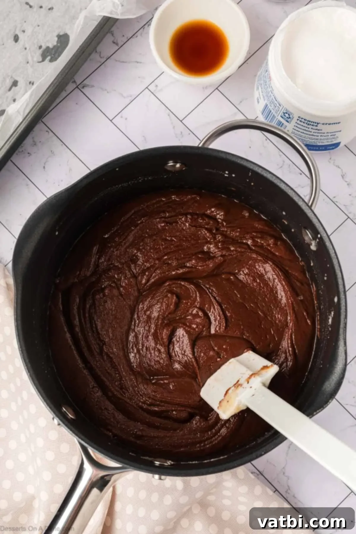 Fudge mixture combined in pan.