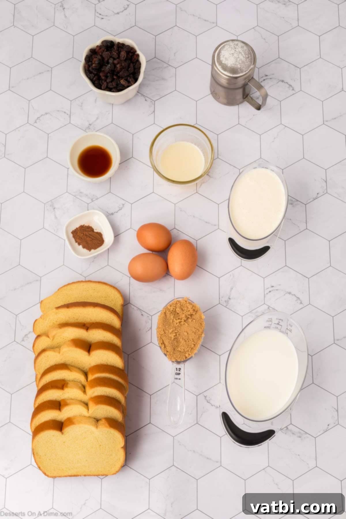 All the ingredients for bread and butter pudding, neatly arranged on a countertop, including brioche bread, eggs, milk, cream, sugar, butter, raisins, vanilla, and cinnamon.