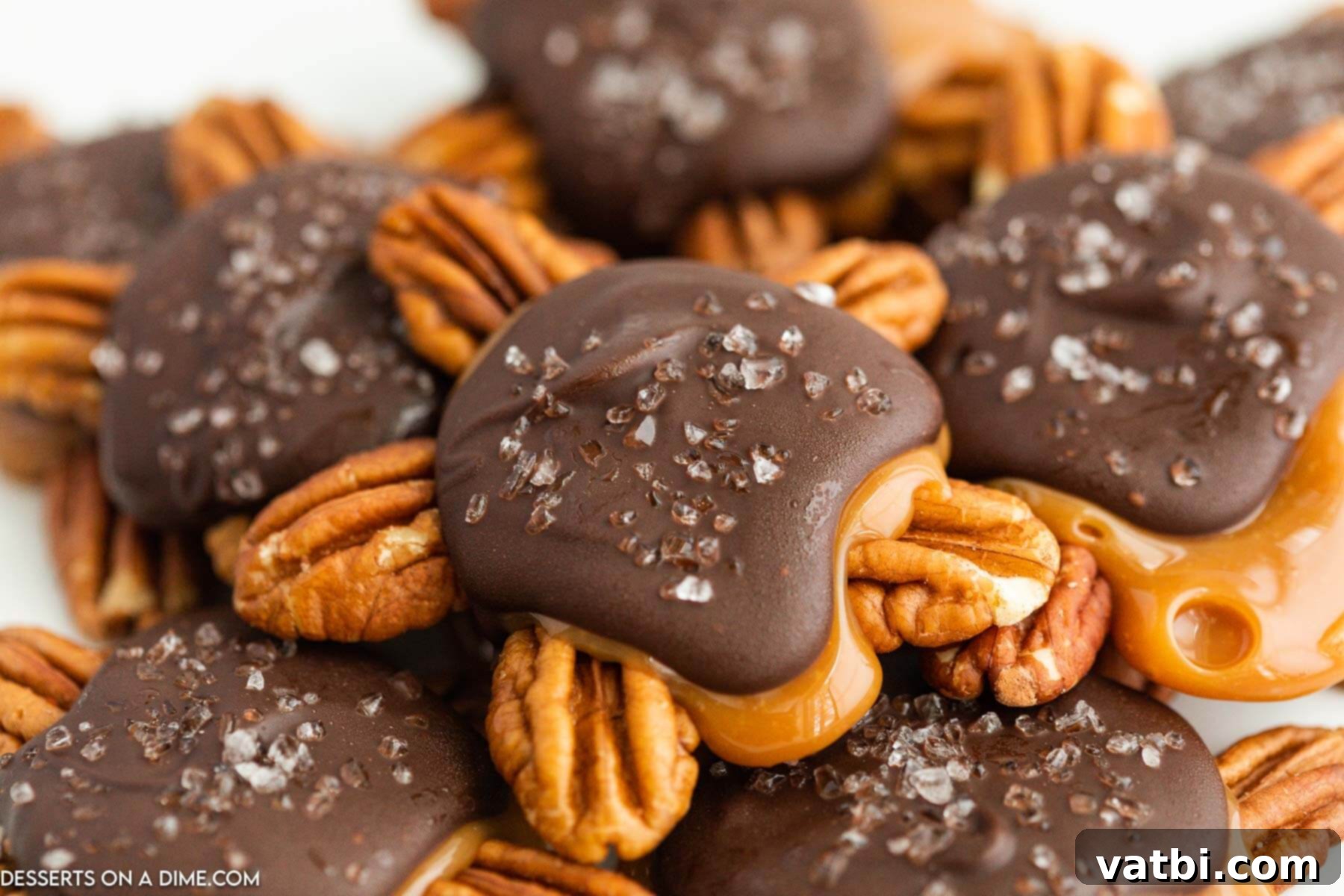 A pile of homemade Chocolate Turtles, showcasing their layers of pecans, caramel, and chocolate, ready to be enjoyed.
