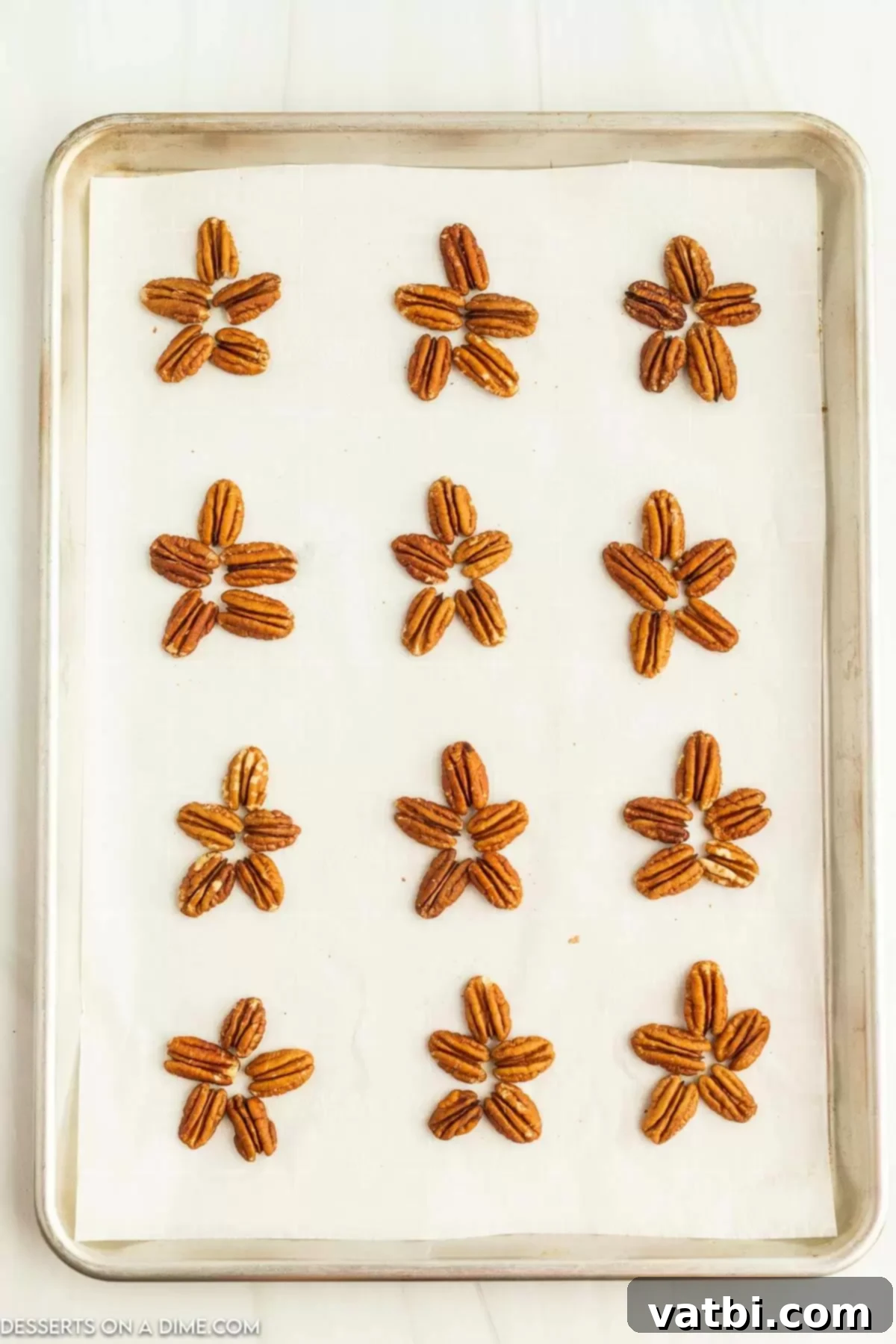 Pecan halves carefully arranged in star-like clusters on parchment paper.