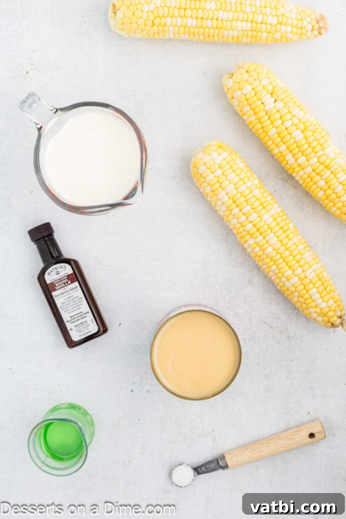 Ingredients for corn ice cream - corn, whipping cream, sweetened condensed milk, corn syrup, vanilla, salt. 