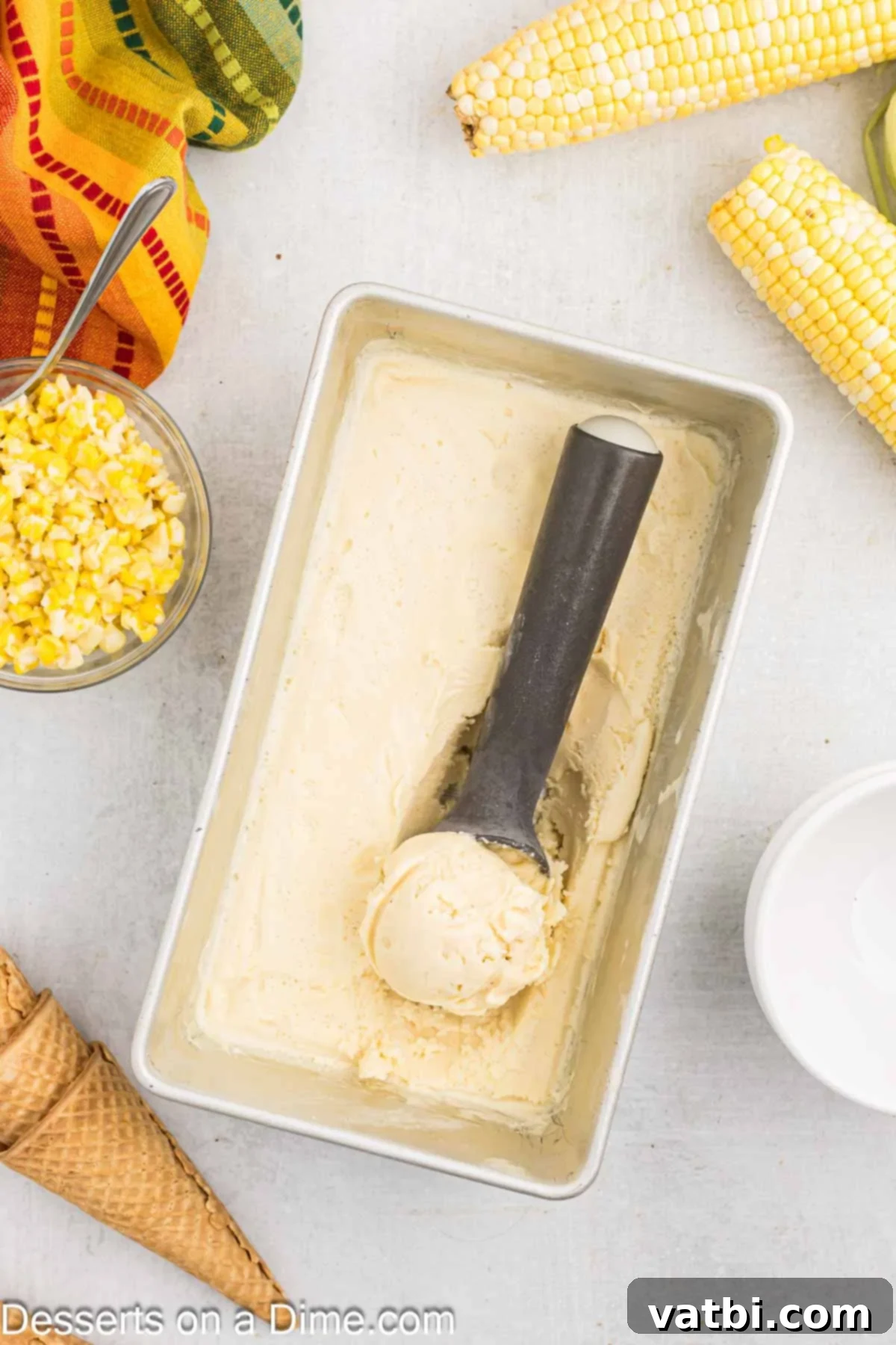 Ice cream frozen and scooped. 