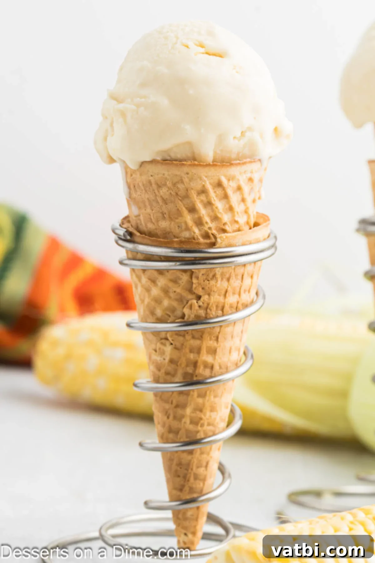 Corn ice cream in waffle cone. 