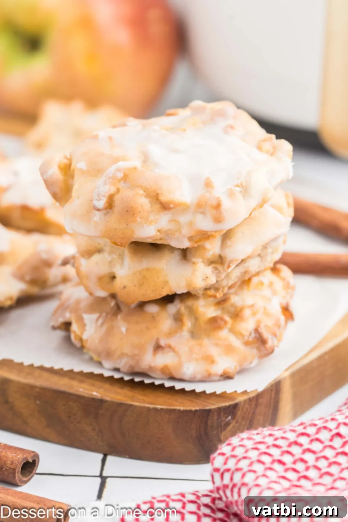 Apple fritters stacked together. 