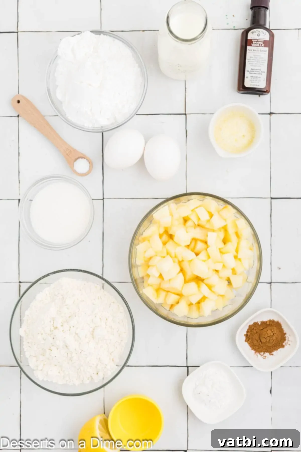 Ingredients for apple fritters - flour, sugar, baking powder, salt, cinnamon, milk, eggs, apples, powdered sugar.