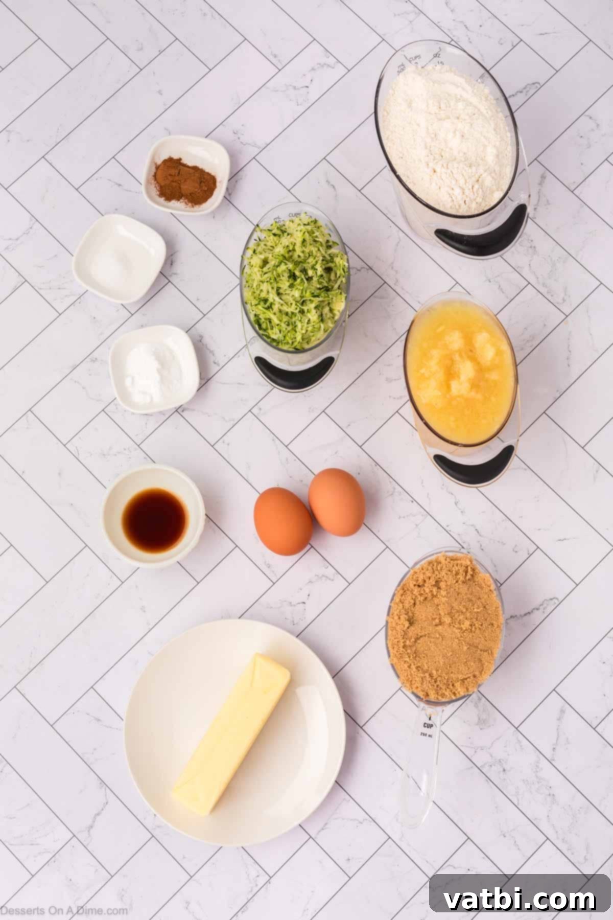 Ingredients for zucchini bread - brown sugar, butter, eggs, vanilla, grated zucchini, crushed pineapple, all-purpose flour, baking soda, cinnamon, and salt.