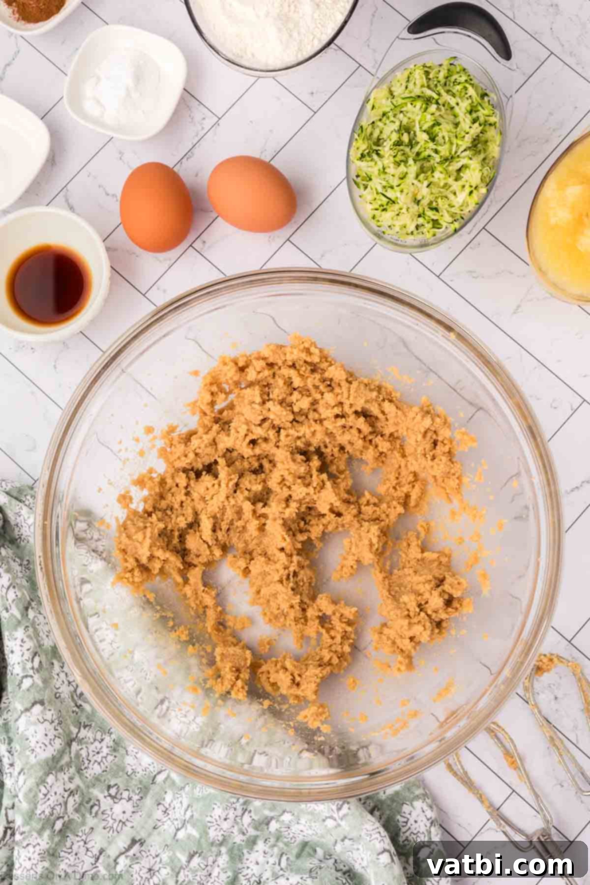 Softened butter and brown sugar creamed together in a mixing bowl until light and fluffy.