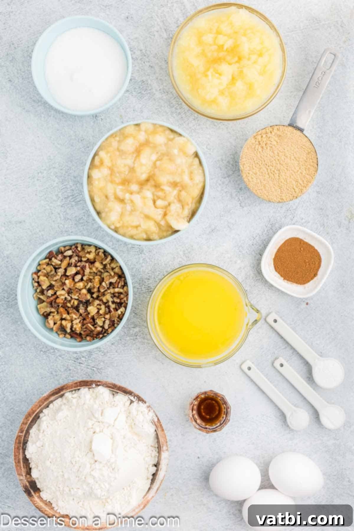 Tropical Sunshine Loaf 3 All the necessary ingredients for Banana Pineapple Bread: flour, sugar, brown sugar, baking powder, cinnamon, butter, eggs, pineapple, and bananas.