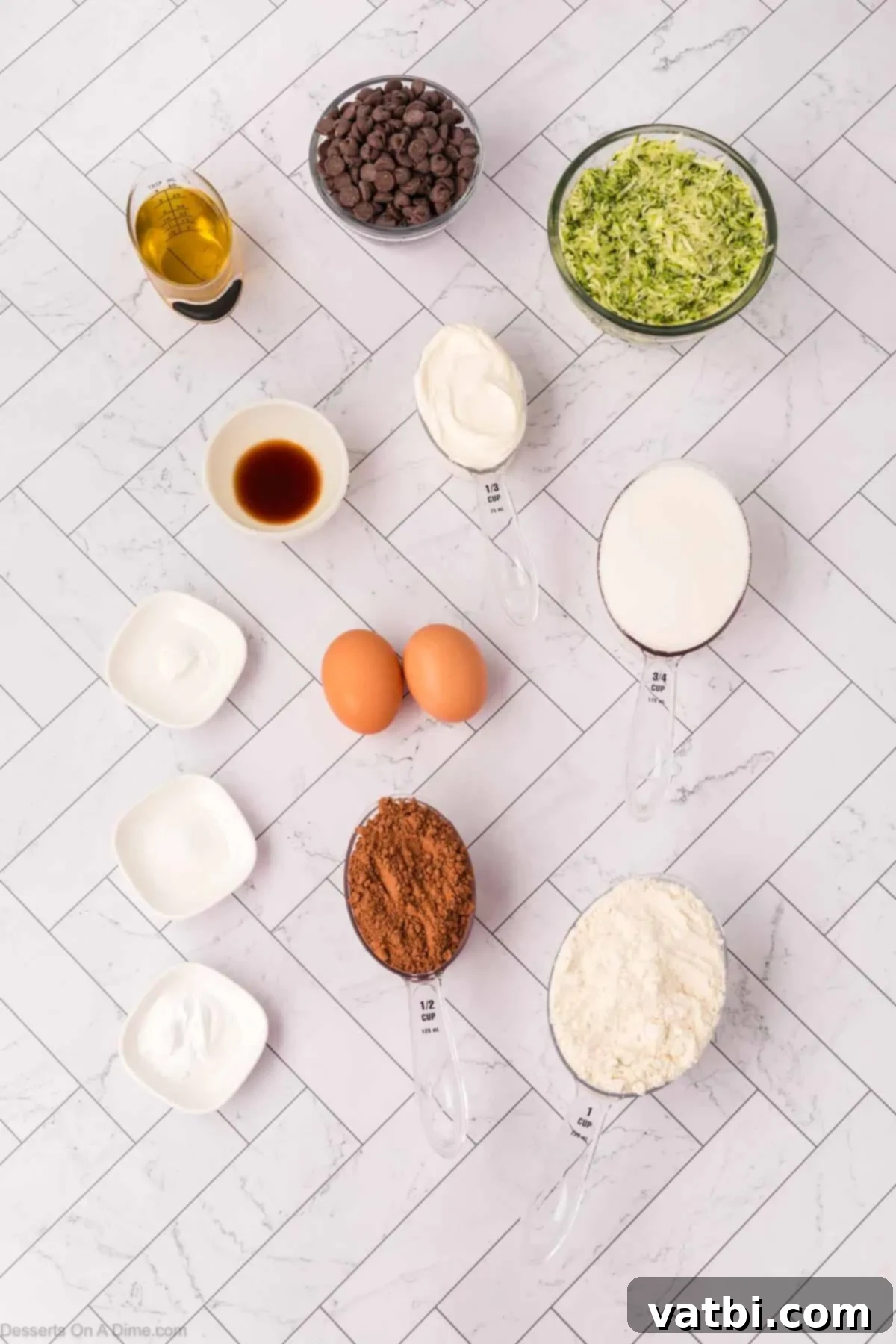 Chocolate Zucchini Bliss 3 Key ingredients for Chocolate Zucchini Bread: flour, cocoa powder, chocolate chips, eggs, oil, sour cream, sugar, vanilla, and zucchini.