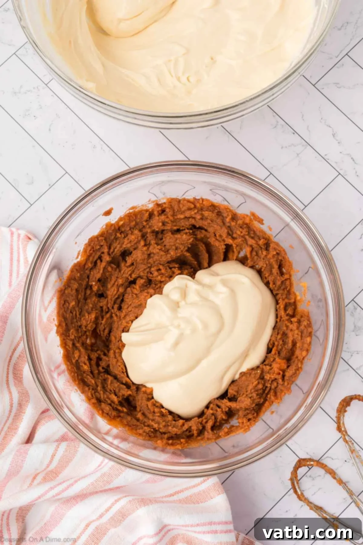 A cup of the creamy cheesecake filling being added to the spiced sweet potato mixture.