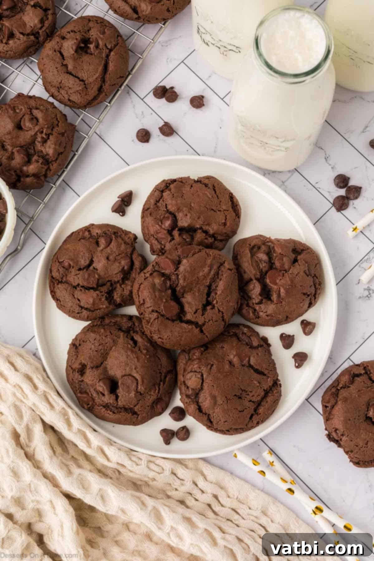 Devilishly Delicious: Sinfully Simple Chocolate Cookies 8 Chocolate cake mix cookies on a white plate.