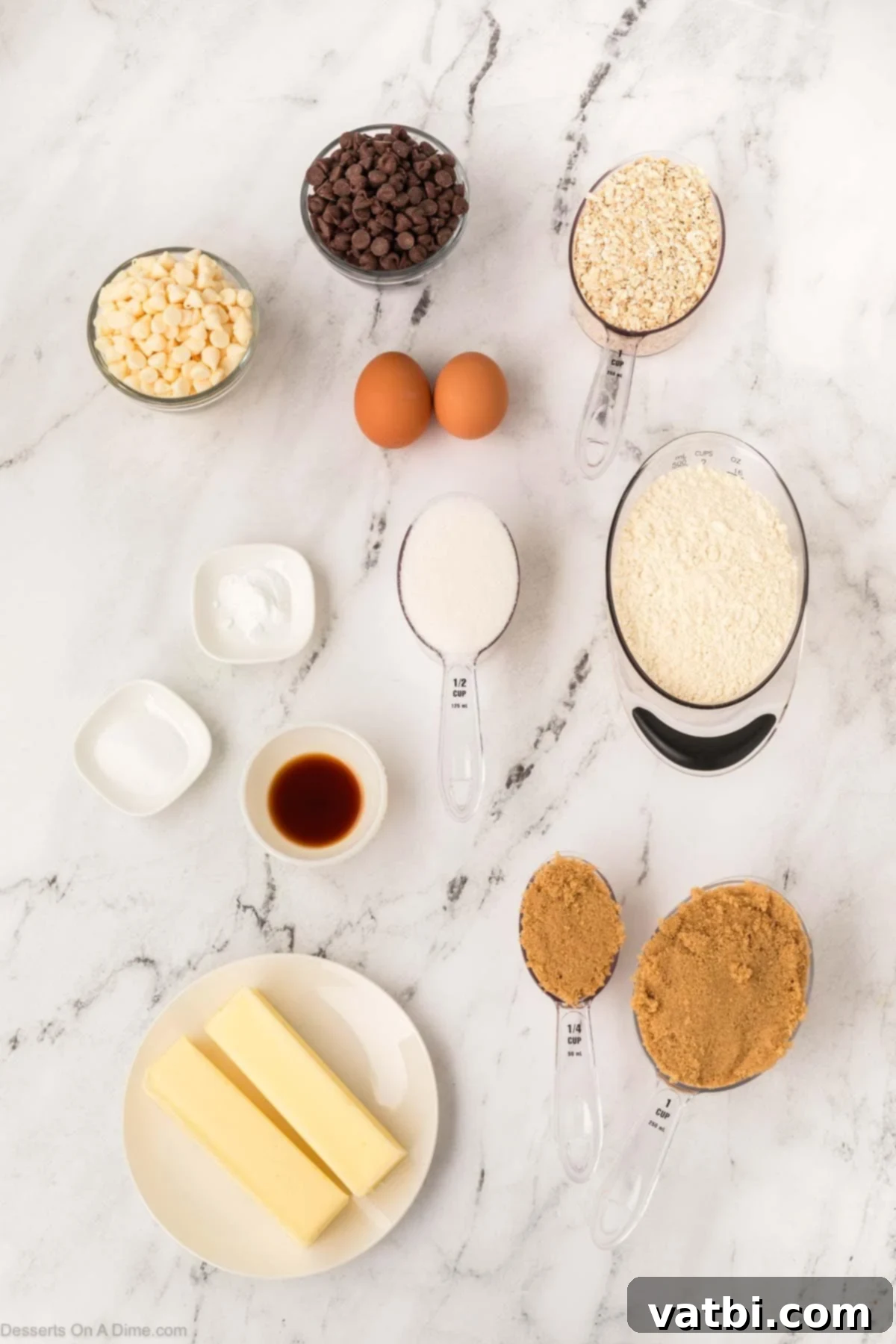 Marry Me Bites 3 Ingredients for marry me cookies - brown sugar, white sugar, eggs, vanilla, flour, oats, baking soda, white chocolate chips, semi sweet chocolate chips.