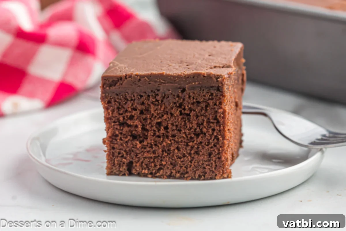 Slice of chocolate sheet cake with frosting on a white plate.