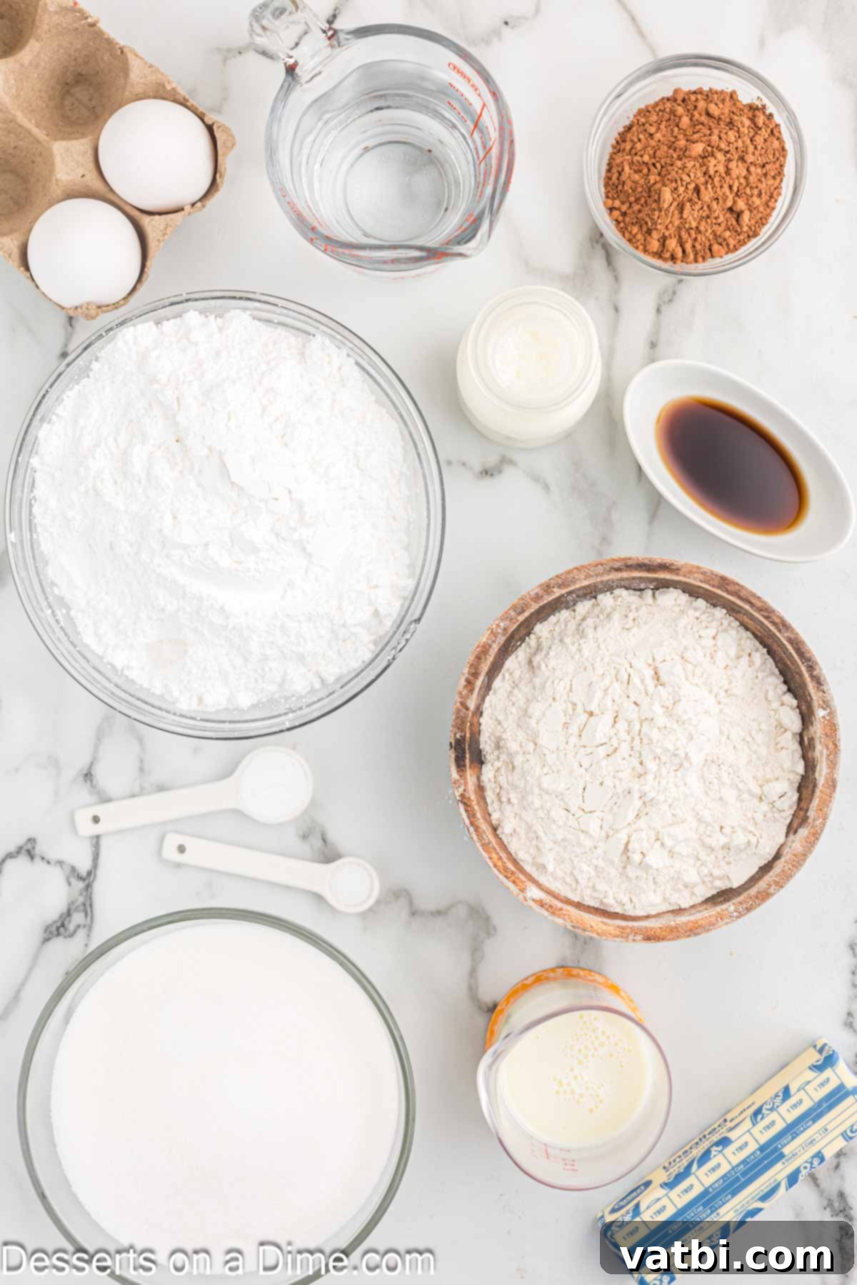 Ingredients for chocolate cake - butter, cocoa, flour, sugar, baking soda, buttermilk, powdered sugar.